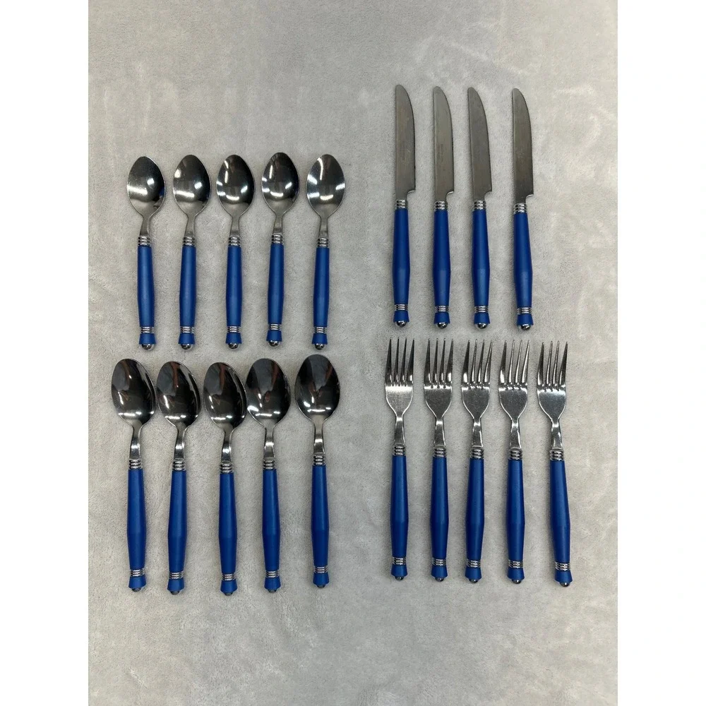 Vintage Flatware Set 19pc Blue Handle Stainless Steel Knives Forks Spoons Dining